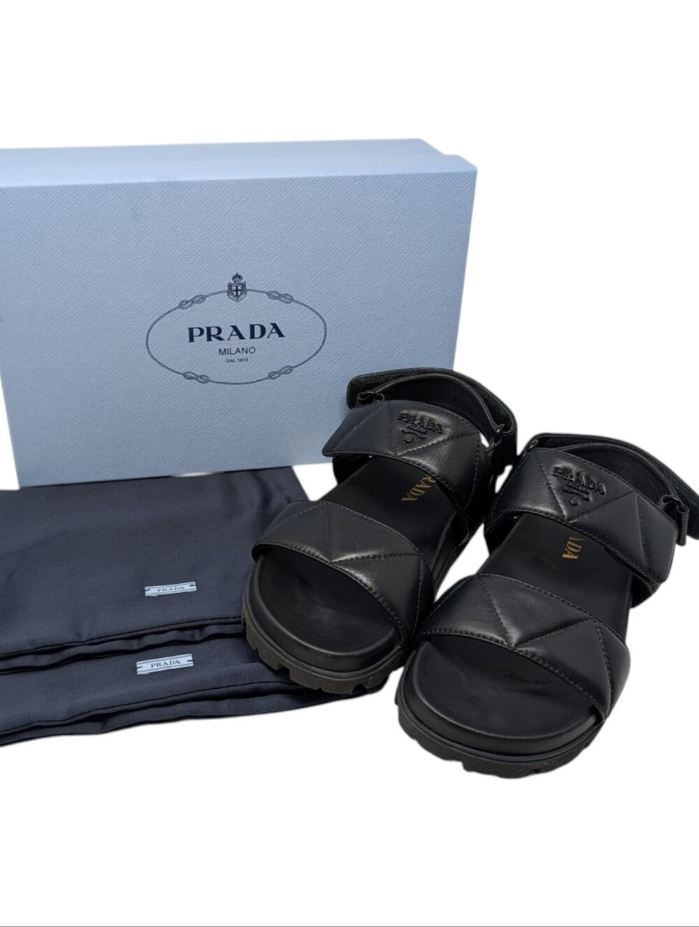 Prada Black Matelasse Quilted Leather Lug Sole Sport Sandals Size EU 38